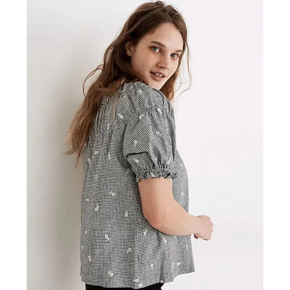 Madewell Floral Embroidered Gingham Shirred Short Puff Sleeve Blouse Top Size XL - Picture 2 of 11